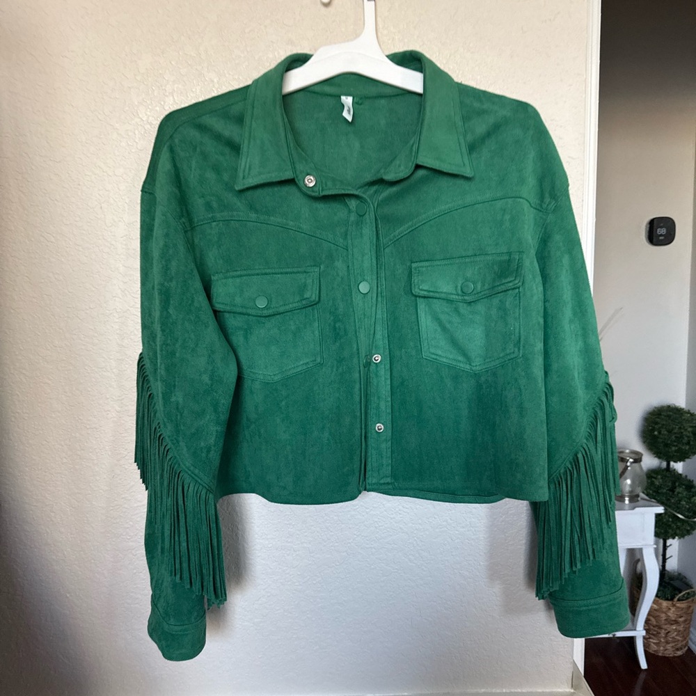 Green Suede Fringe Jacket medium Glam - Picture 13 of 13